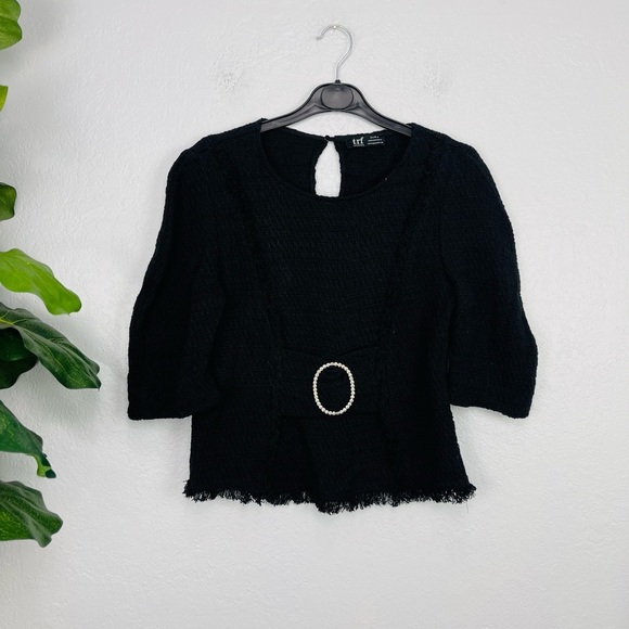 Zara | Black Tweed Midi Crop Top With Jewel Buckle - Picture 4 of 7